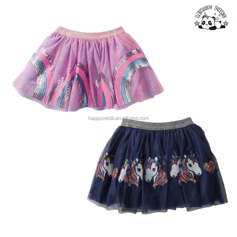 LEZONKIDS - Hot Selling Metallic Custom Rainbow Unicorn Hearts Tulle Skirt Girls Sequined Pleated Tutu Skirt